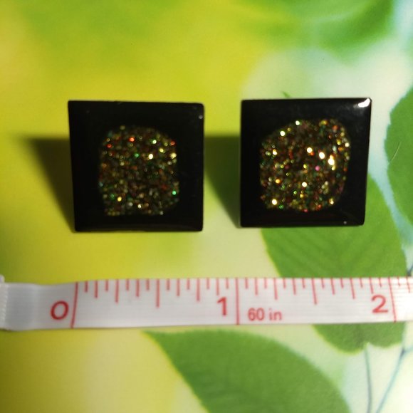 3/$25 vintage 80s black glitter square earrings - Picture 3 of 4